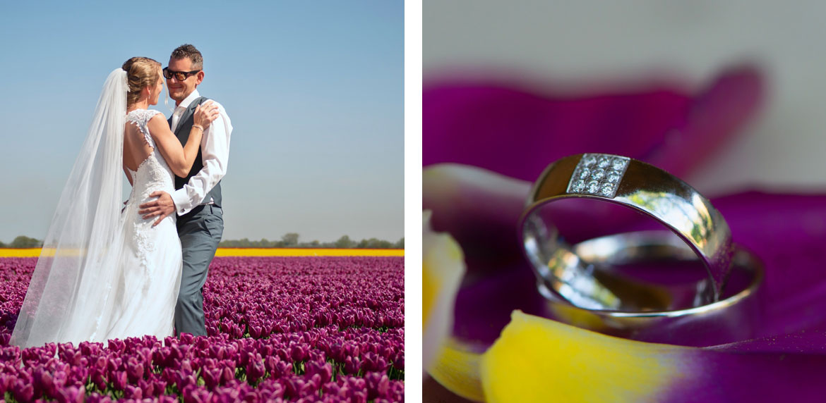 Gekleurde tulpenvelden Bruidsfotografie Tholen